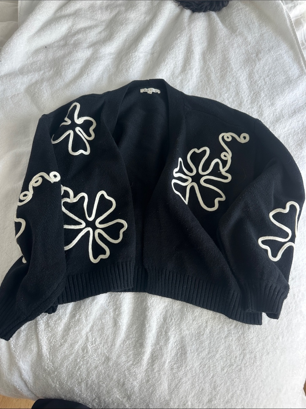 Black Open-Front Cardigan with White Floral Appliqué